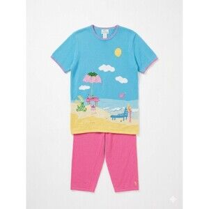 Quacker Factory Vintage Beach Sweater Set L Pink Capris Blue Short Sleeve Knit